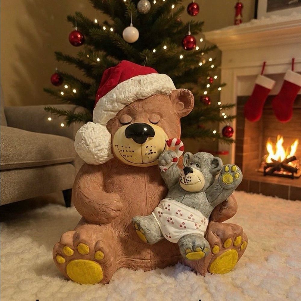 Vintage wind-up musical Christmas teddy bear ceramic figurine.